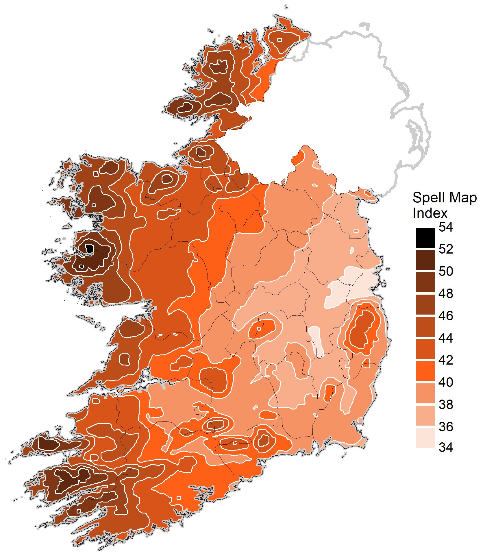 Spell map index (mS) of driving rain against vertical surfaces for the period 1991 – 2020 for Ireland (I.S. EN ISO 15927 32009).