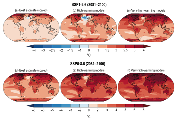 6 images of earth coverage showing surface temperature changes for a variety of warming models between best estimate and very high warming in 2081–2100 relative to 1995–2014, represented by colour scale -8 to +8 degC. Read also caption